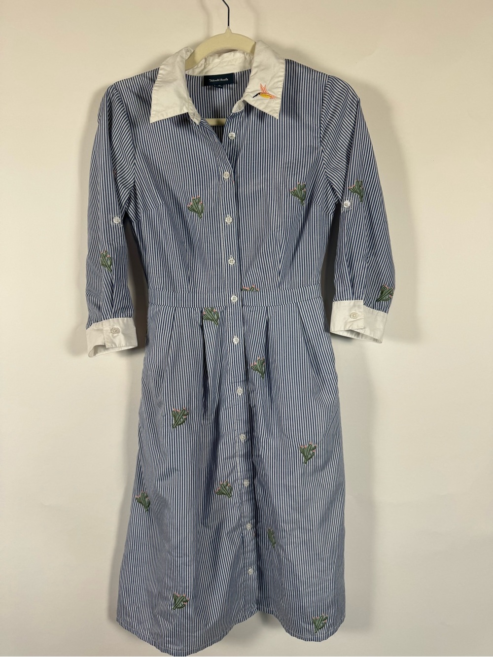 ModCloth Shirt Dress Whimsy Stripes Hummingbird Cactus Applique Size 0 Retro